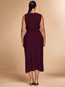 SHEIN BAE Plus Size Women Khaki Asymmetric Metal Dress - Maroon - View 2