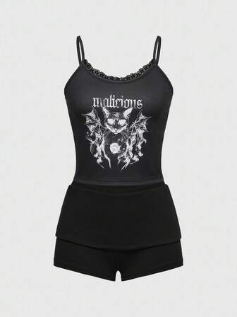 Pyjama-Set mit Camisole und kurzen Ärmeln und Shorts im Gothic-Katzen-Print