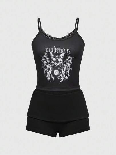 Gothic Cat Print Camisole Short Sleeve & Shorts Pajama Set