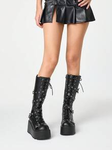 ROMWE Grunge Punk Giày bốt cao đến đầu gối, đế dày, mũi tròn, phong cách Punk, kiểu dáng thời trang ngoài trời mùa thu/đông 2025 - màu đen - Xem 2