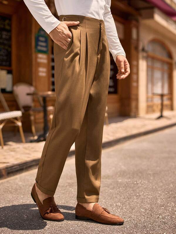 HIMLAND Men Minimalist Solid Color Commuter Slant Pocket Folded Pleated Suit Pants, Loose High Waisted Pants, Fall
