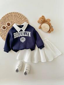 SHEIN Babygirl Cute Versatile Letter Pattern Collar Sweatshirt & Mini Skirt Set, Autumn/Winter
