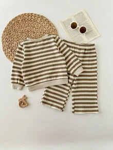 SHEIN Baby Girl Casual Striped Sweatshirt And Sweatpants Set, Autumn Fall Winter - Multicolor - View 2