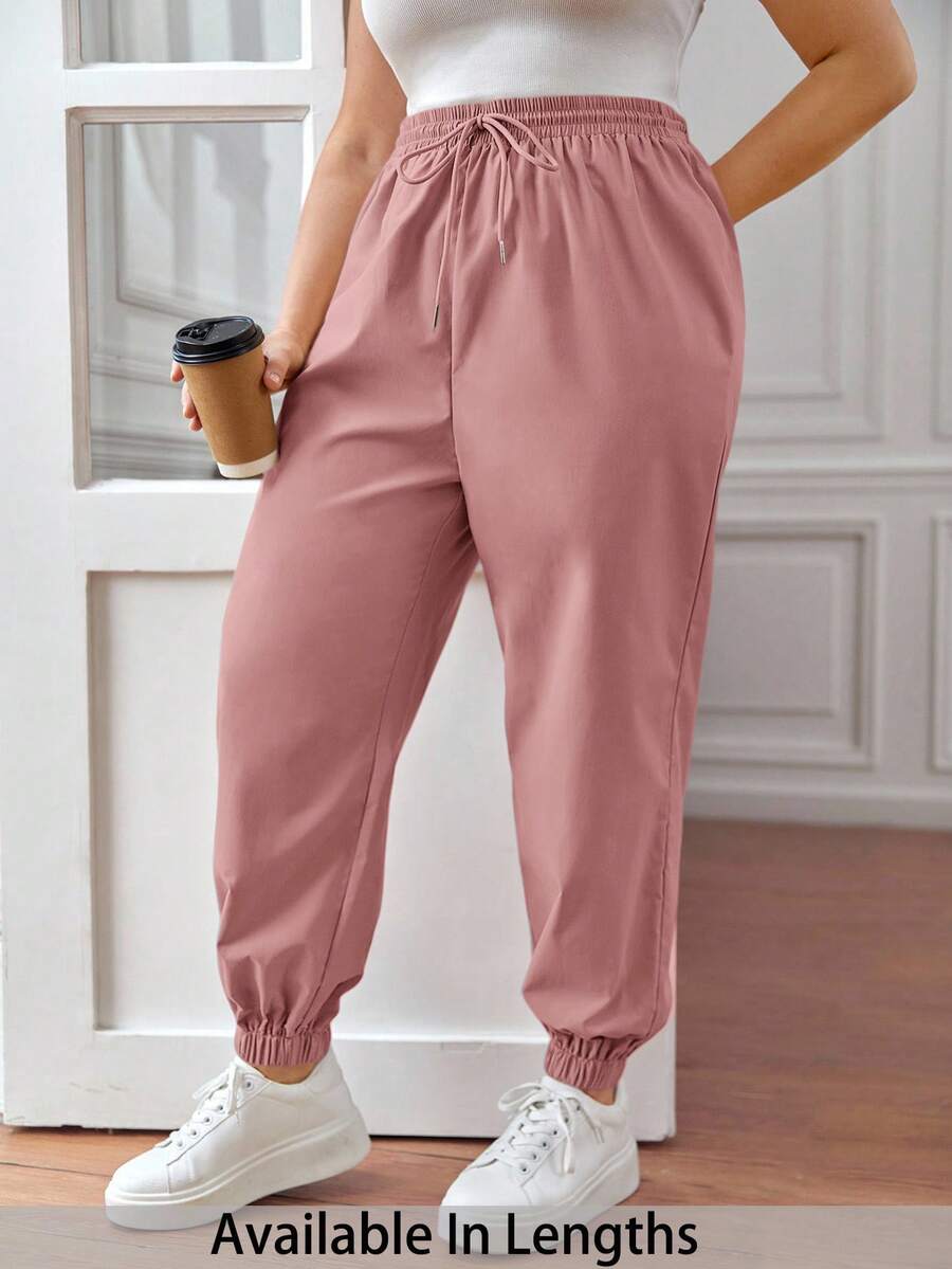 SHEIN PETITE CURVE Plus Size Drawstring Waist Pants, Jogger Pants, Loose Fit - Dusty Pink - View 1