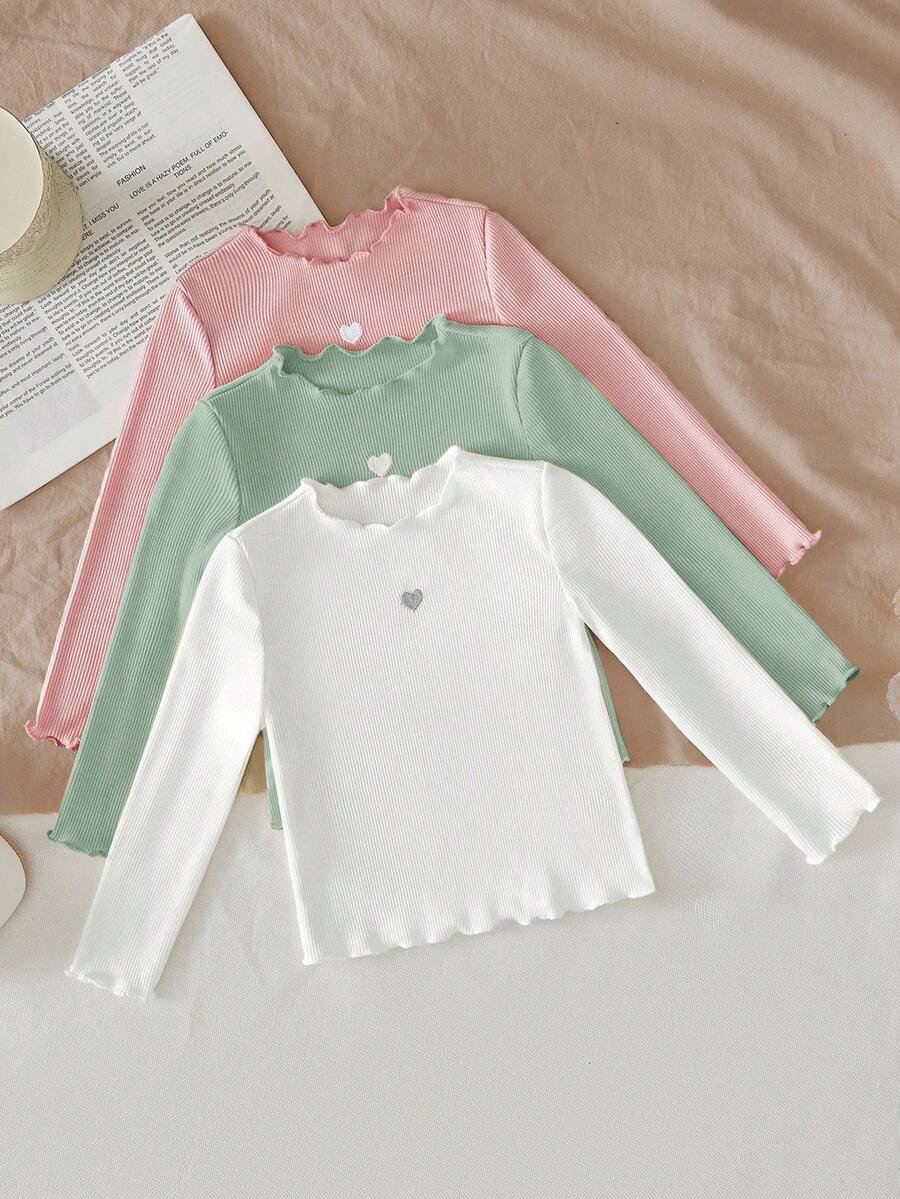 SHEIN LMoss Kids LMoss 3pcs/Set Baby Girls' Cute Knitted Heart Pattern Ruffled Hem Tops, Autumn/Winter - Multicolor - View 1