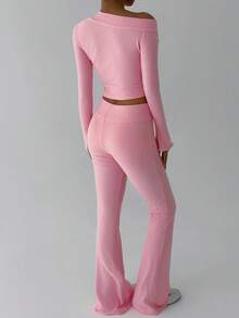 FavEase مجموعة من 2 قطعة، ملابس علوية بأكمام ضيقة مقلوبة وبنطال ذو خصر عالي وجرس، ملابس نسائية متعددة الاستخدامات للارتداء في المكتب والرياضة والمنزل، مناسبة للخريف والشتاء - وردي - مشاهدة 2