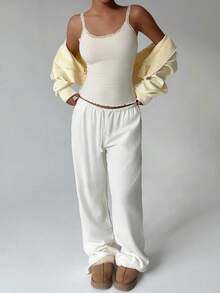 FavEase Apricot Knitted Fleece Ribbed Contrast Lace Trim U-Neck Fitted Camisole, Fashionable, Minimalist, Elegant, Cute, Comfortable For Home, Outdoor, Daily, Date, Versatile For Women In Autumn/Winter - Apricot - View 7