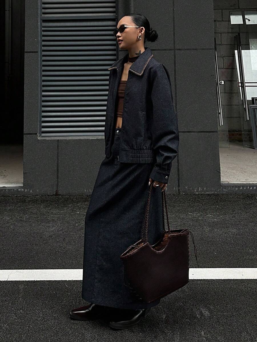 Livesso Bộ 2 món áo khoác và chân váy denim dáng rộng, phong cách đường phố cổ điển dành cho nữ, thời trang công sở, màu sắc tương phản, trang trí đường may thời trang thu đông - Màu xanh hải quân - Xem 1