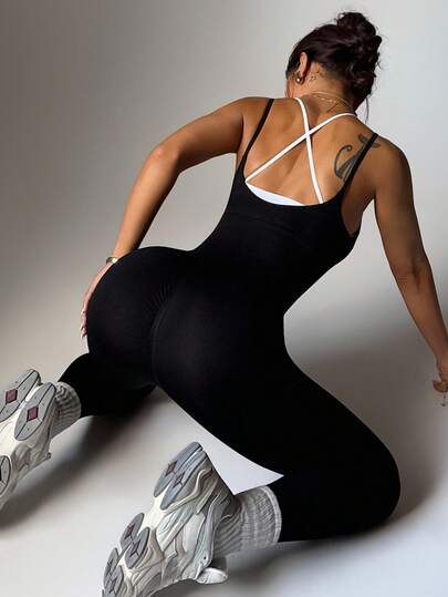 Slayform Slayform Macacão Esportivo de Yoga Feminino Cor Sólida Sem Costas, Macacão de Yoga, Macacão de Academia, Macacão com Decote em V, Macacão de Pilates, Macacão de Yoga