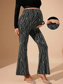 MaterniChic Autumn And Winter Adjustable Waist Allover Print Flare Pants For Pregnant Women - Black - View 8