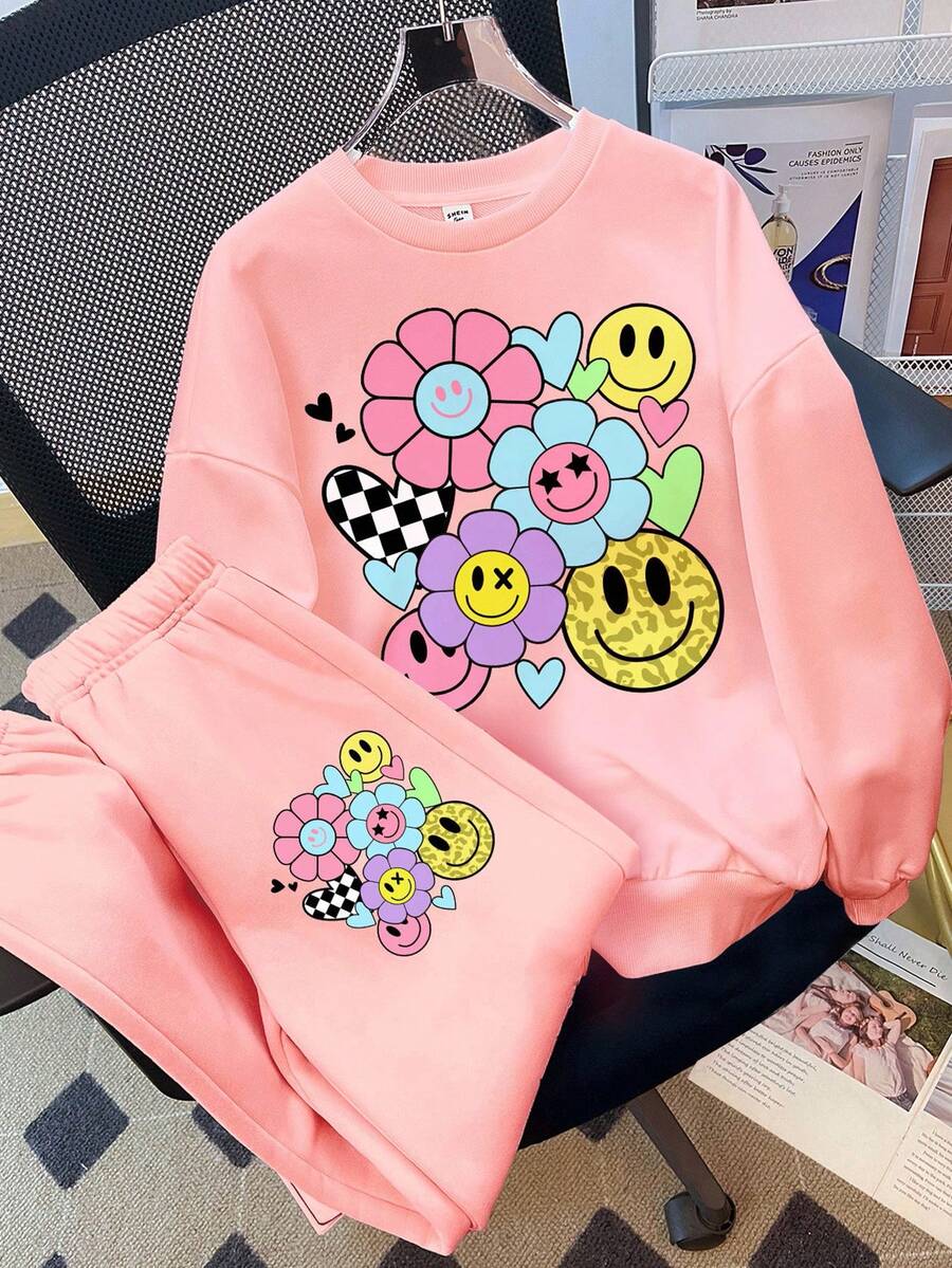 SHEIN Leap Crew Tween Girl 2pcs/Set Smiling Face, Leopard Print, Heart, Floral Pattern Autumn Casual Loose Fit Crew Neck Thick Sweatshirt & Pants Outfit - Pink - View 1