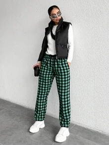 SHEIN Cottnline Women Gingham Print Drawstring Waist Long Pants - Green - View 3