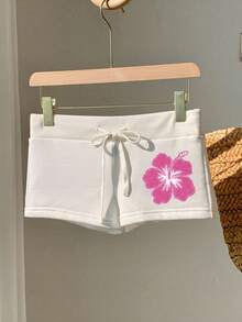 Comfortcana Casual Minimalist Pink Anti-Pilling Graphic Print White Drawstring Waist Slim Fit Shorts