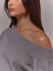 MUSERA 针织罗纹不对称领长袖束口套头衫，适合机场、假日、冬季、日常、优雅晚宴、派对等场合，春季皆宜。 - 灰色 - 查看 6