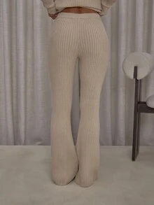 MUSERA 厚罗纹修身喇叭弹力套穿裤，仅下装，街头风可爱优雅休闲性感外出秋季太妃糖色感恩节新年 - 杏色 - 查看 4