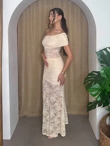 Andrea Bello Elegantes Damen Kleid mit Spitze, asymmetrischem Kragen und einfarbig