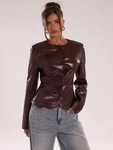 SHEIN BAE 女式秋季仿鳄鱼纹长袖单排扣时尚夹克 - 酒紅色 - 查看 5