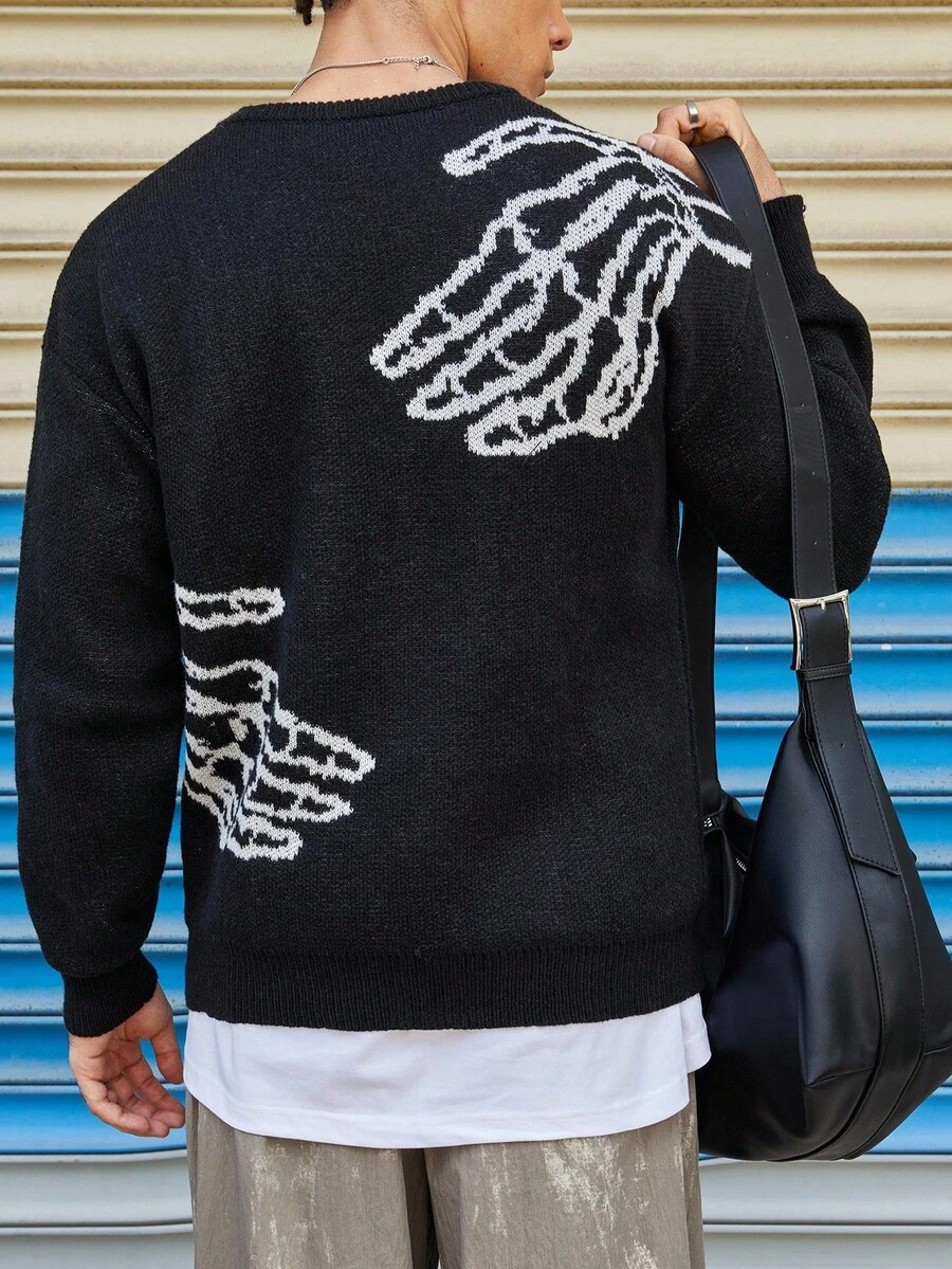 Manfinity CasualKnits Men's Casual Fashionable Street Skull Hand Pattern Dropped Shoulder Loose Pullover Sweater, Autumn/Winter Men S Sweater Black Graphic Jacket Skeleton Sweater Male Sweater Graphic Men Long Sleeve Knit - Black - View 1