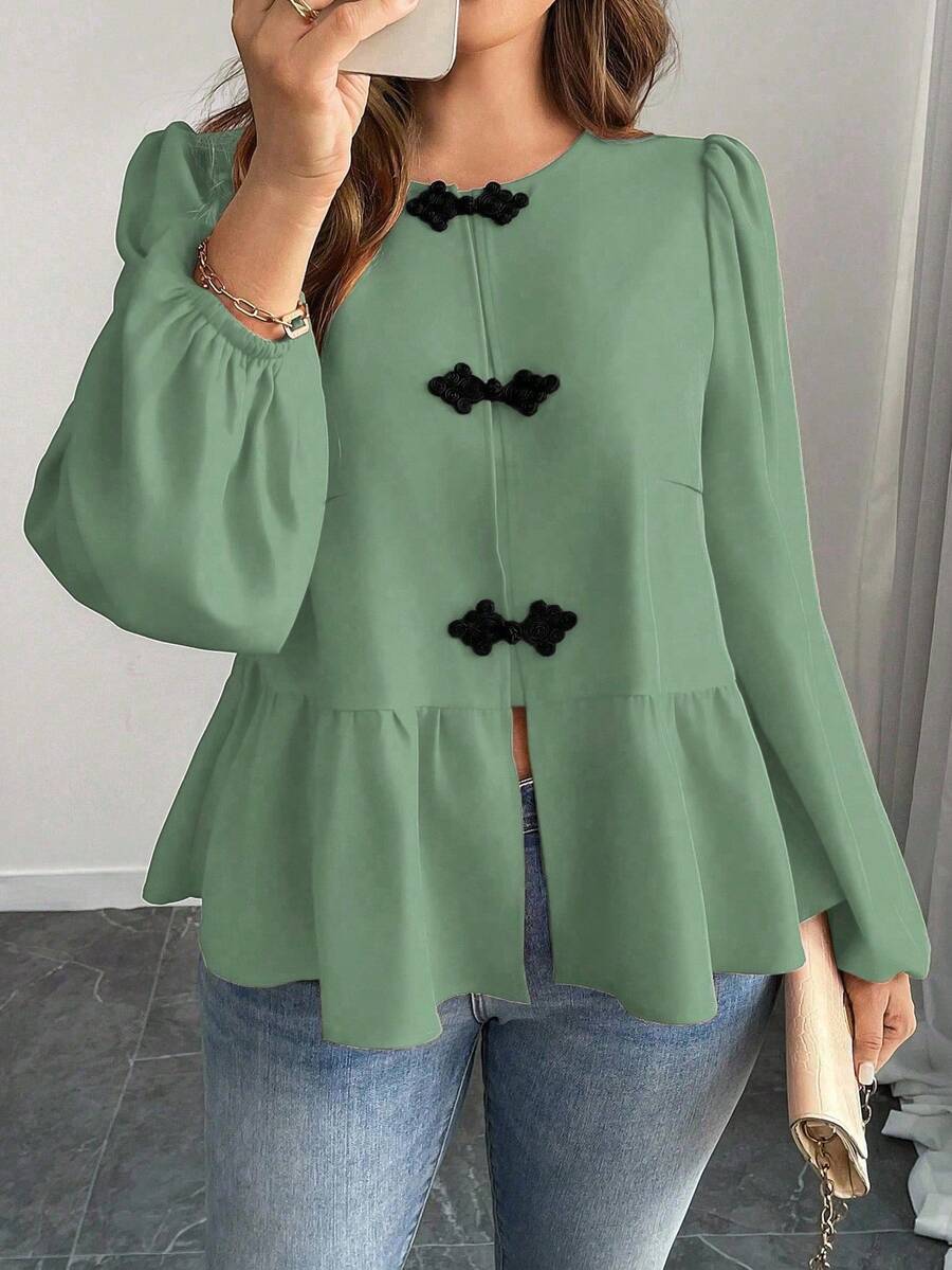 EMERY ROSE Plus Size Gathered Lantern Sleeve Button Decor Casual Blouse For New Year Clothes Valentines Women Shirt ValentinesRed New Year - Cadet Blue - View 1