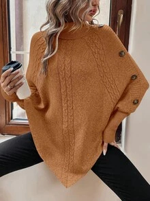 LanaWest 休闲宽松纯色百搭高领蝙蝠袖女式毛衣 - 鏽棕色 - 查看 5