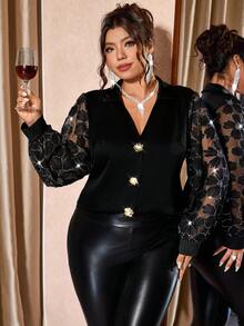 Cravure 大码女式网眼袖金色装饰纽扣衬衫 - 黑色 - 查看 5