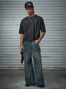 AXEPEAK Men's Letter & Spider Web Striped Print Round Neck Short Sleeve Casual T-Shirt - Black - View 7