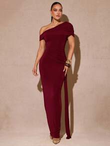 Silquee 女式纯色不对称肩部荷叶边系带设计修身优雅连衣裙 - 酒紅色 - 查看 3