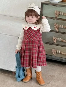 DAZY Baby Girls' Plaid Casual Korean Style Cartoon Fruit Embroidery Peter Pan Collar Mid-Length Dress Christmas - Burgundy - View 8