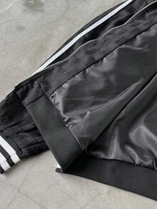 Aesthetic Post 男士时尚撞色条纹夹克和裤子套装，秋季服装 - 黑色 - 查看 7