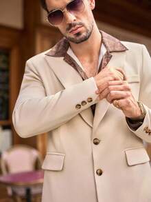 HIMLAND 男士纯色翻领长袖夹克和裤子休闲西装套装，秋季 - 米色 - 查看 7