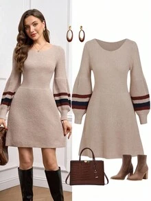 Ellevyn Đầm len dáng chữ A cổ tròn tay kẻ sọc thanh lịch, dáng ôm tôn dáng, thoải mái khi mặc hàng ngày vào mùa thu/đông - Màu Khaki - Xem 5