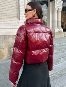 Lavishia Áo khoác da Angola màu đỏ sơn mài dáng rộng, cổ đứng, lót bông, thích hợp cho mùa thu đông, năm mới và Giáng sinh, kiểu dáng thanh lịch. - Màu Đỏ Sâu - Xem 2