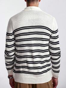 Manfinity CityGents Men's V-Neck Front Button Striped Print Long Sleeve Cardigan Parka, For Fall Winter - White - View 4