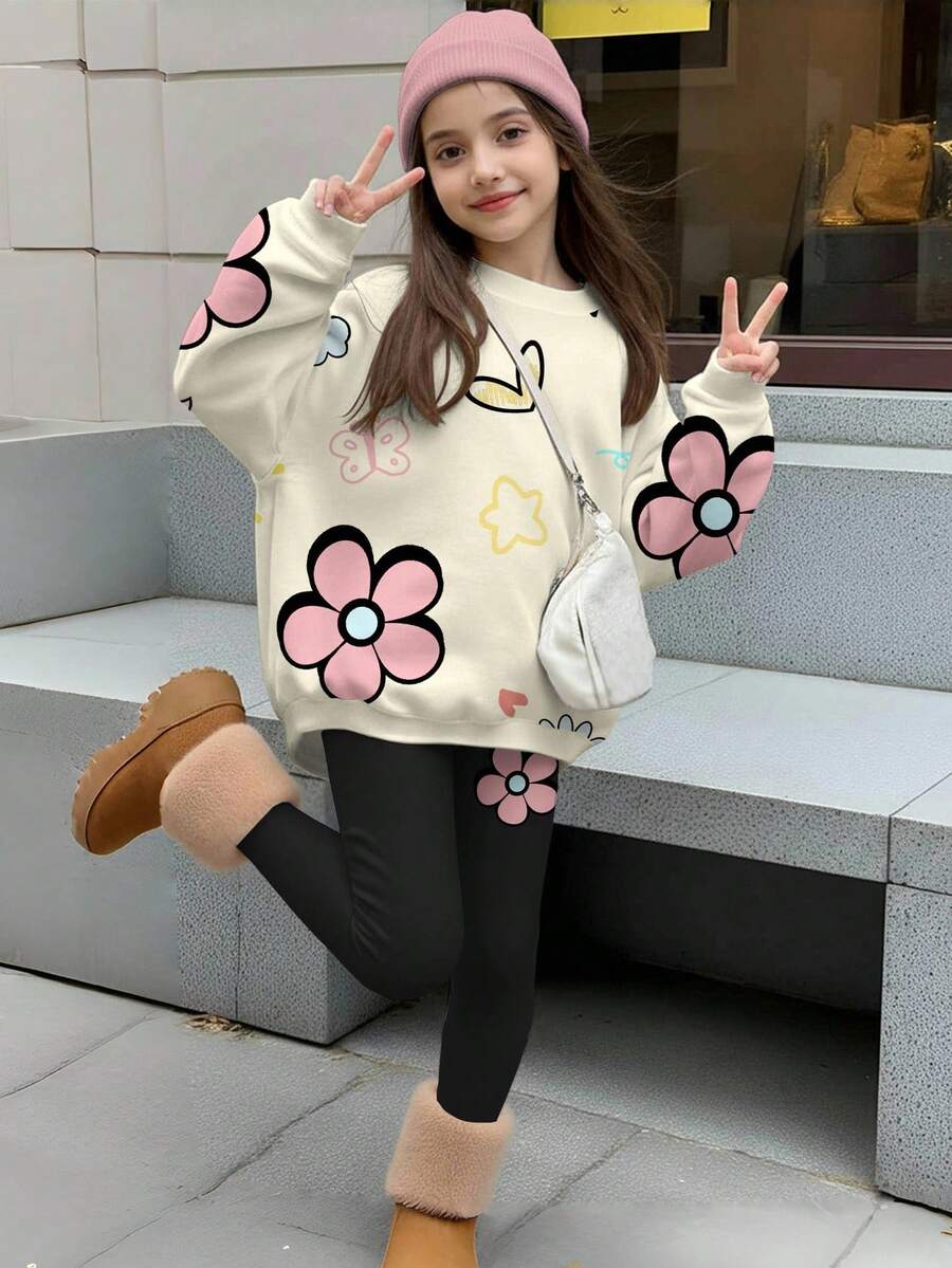 SHEIN Leap Crew 2 件套青少年女孩休闲经典花卉印花圆领舒适长袖运动衫和紧身裤套装,适合秋冬季 - 彩色 - 查看 1