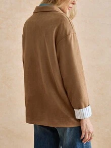 Écloséra 时尚休闲复古H型美拉德长款宽松翻领仿麂皮女式夹克，秋冬 - 駝色 - 查看 8