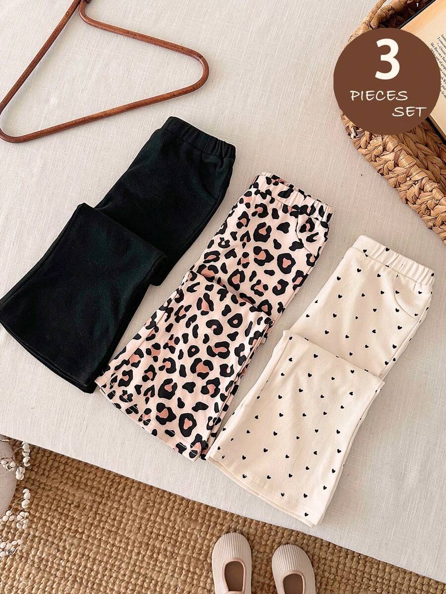 LMoss Kids 3pcs Baby Girl Knitted Heart & Leopard Print Pattern Casual Pants Set Fall Winter - Multicolor - View 1