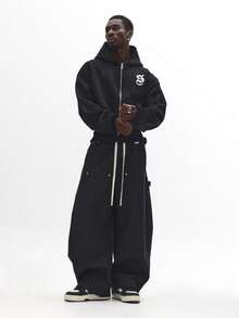 SUMWON Wide Leg Nylon Carpenter Pants With Multiple Utility Pockets Drawstring Waist Metal Eyelets Relaxed Fit Street Style Weekend Casual Work Utility Trousers