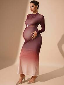 MaterniChic Ombre Long Sleeve Fitted Maternity Dress For Party & Gathering Autumn/Winter Long Party Dresses Pregnancy Photoshoot Dress Elegant Party - Red - View 3