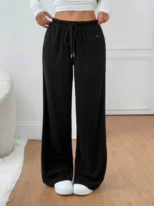 SHEIN PETITE 2-Way 羊毛女式抽绳腰直筒宽松休闲裤 - 黑色 - 查看 8