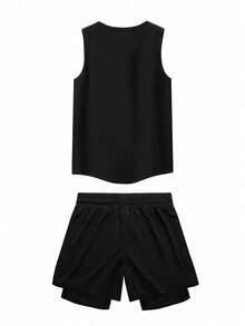 Gym Rark Men's Black Bull Head Print Tank Top & Drawstring Shorts Set,Summer Athleisure Gym Workout Suit,Breathable Quick Dry Slim Fit Sports Training Outfit - Black - View 2