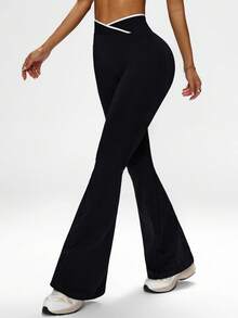 Dewbera 女式喇叭瑜伽裤，优雅廓形设计运动长裤 - 黑色 - 查看 3