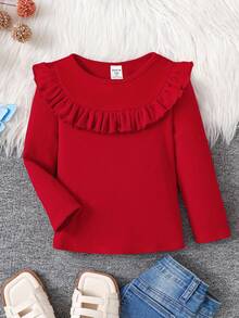 Young Girl's Casual Fashion Versatile Black Knit Ruffle Trim Long Sleeve Blouse, Suitable For Autumn And Winter, Red For Christmas, Party Wear, Daily Wear School, Birthday , Princess Tee Top.