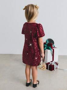 Maija Kids Young Girl An Autumn/Winter Classic, Fashionably Versatile Dress Perfect For Parties, Daily Wear, And Casual Outings - Elegant, Minimalist, And Dazzling With A Luxurious, Heavily Embellished Design. Made From A Rich Red Sequined Fabric, It Features A Round Neckline, Short Sleeves, Delicate 3D Gathered Ruffles And Lace-Like Details, And A Timeless A-Line Silhouette. A Structured Yet Graceful Piece, Ideal For Christmas. - Red - View 2