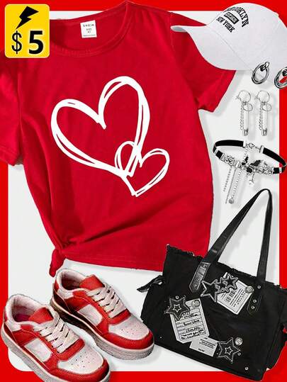 SHEIN Tween Girls' Heart Shaped Print Round Neck Short Sleeve T-Shirt