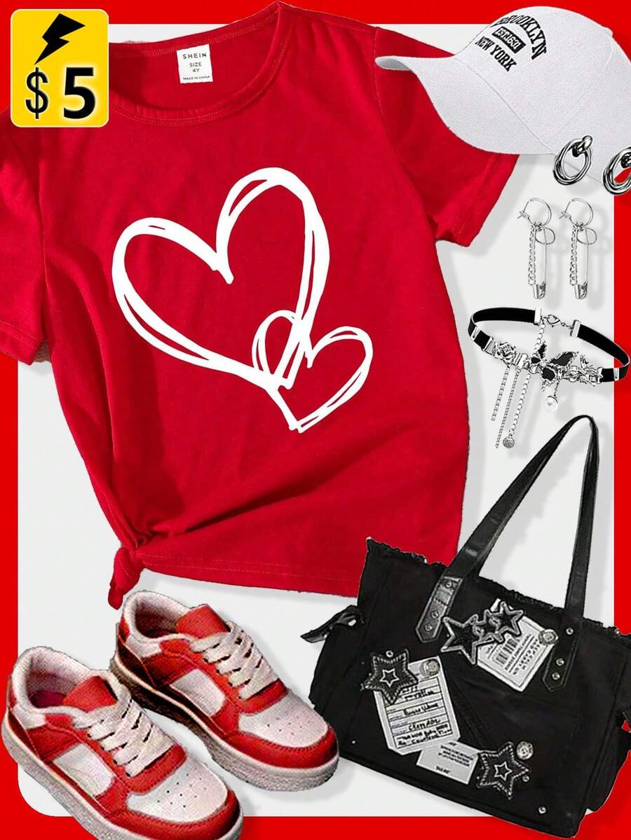 SHEIN Tween Girls' Heart Shaped Print Round Neck Short Sleeve T-Shirt - Burgundy - View 1