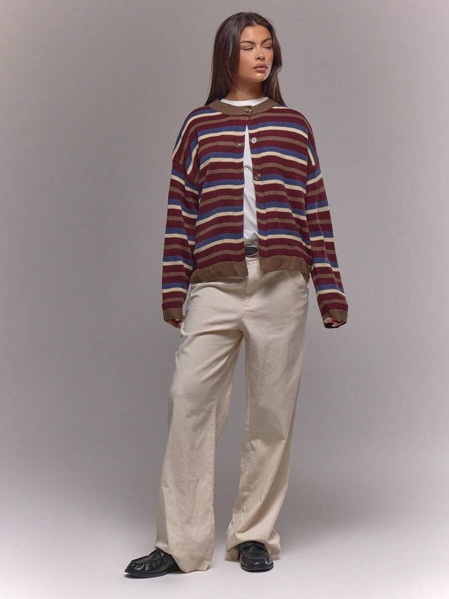 MUSERA Áo len dệt kim kẻ sọc dáng rộng, cài cúc phía trước, vai rớt, phong cách cổ điển, dễ thương, đồng quê, mộc mạc, màu caramel, thích hợp cho tiệc mùa đông, buổi tối, thanh lịch, mùa xuân. - xanh quân đội - Xem 1