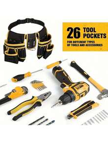 1 件重型工具腰带，带 26 个口袋和 130 厘米可调节肩带 - 黑色工具整理器，适用于 DIY 项目、木工和家居装修，磁性工具架和实用设计 - 木工、承包商和杂工工具的必备装备