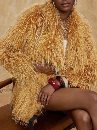 SHEIN Privé VITNOS New Fall Winter High-End Women's Solid Color Long Sleeve Lapel Loose Faux Fur Coat Faux Fur Coat 70s Fashion Fringe Coat 70s Women Faux Fur Long Coat, Suitable For Autumn, Fall, Winter, Going Out, Elegant, Formal, Party, Chic, New Year, Women's Winter Coat, Christmas, Work, Graduation, Wedding Luxury Prom,