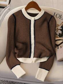 Franclia Women's Contrast Color Round Neck Cardigan, Regular Fit, Spring/Autumn, Christmas - Coffee Brown - View 1