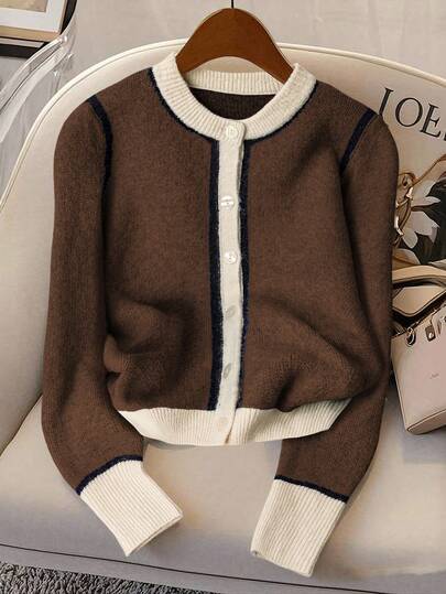 Franclia Women's Contrast Color Round Neck Cardigan, Regular Fit, Spring/Autumn, Christmas